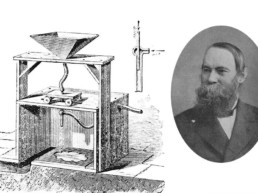 Benjamin Chew Tilghman et le mécanisme de son invention. Unique en son genre, l'appareil permit pour la première fois de graver le verre et le cristal grâce au sable © Twitter